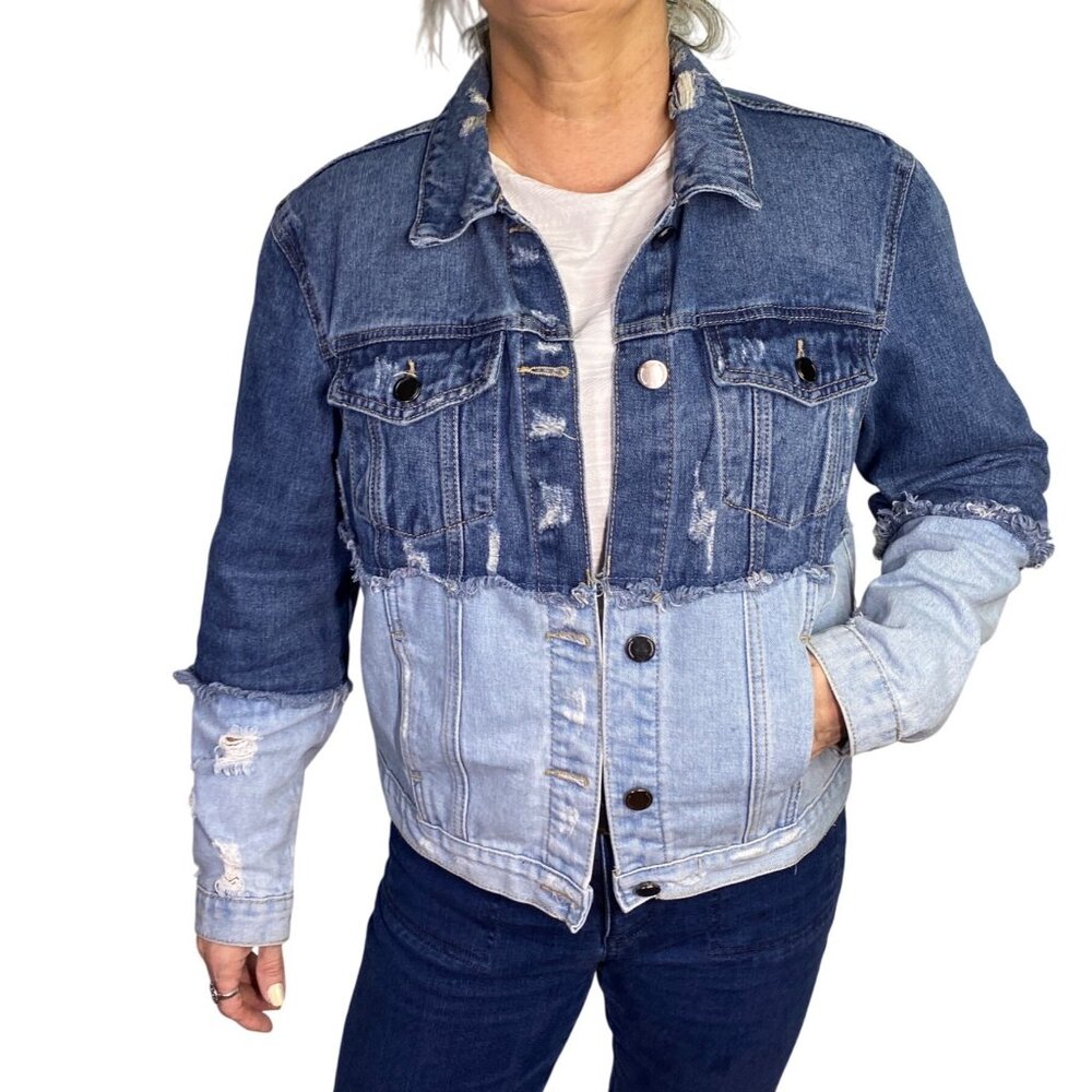 Giani Bernini GB Two-Tone Denim jean Jacket Distressed, denim on denim , Size L